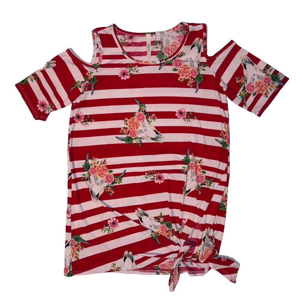 Lilypad Southwestern Cold Shoulder Tunic Top - M Flower Crown Cow Skull Striped